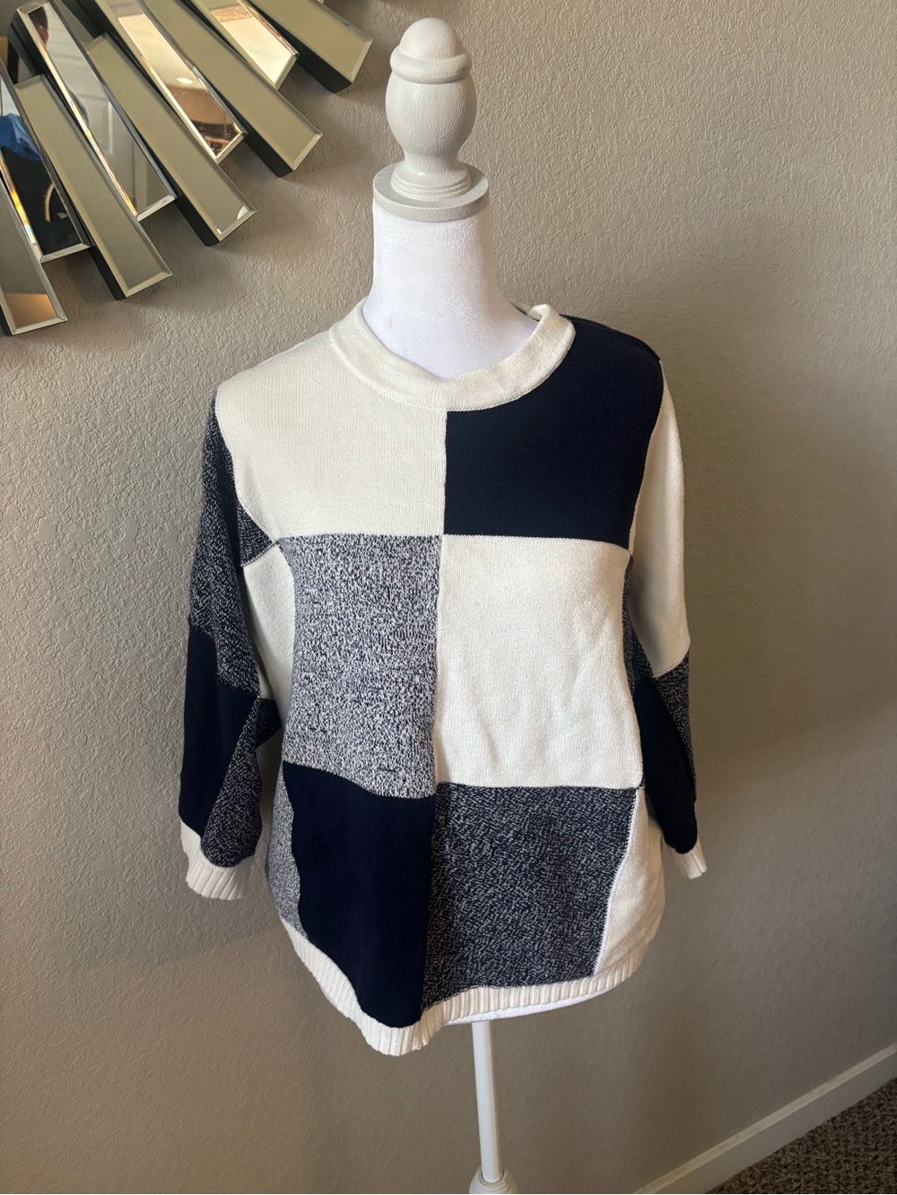 Chico's Navy and Cream Checkerboard Knit Crew Sweater